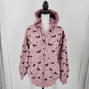 Blue Mountain Sweatshirt Womens Horse Print Sherpa Lined Fleece Full Zip